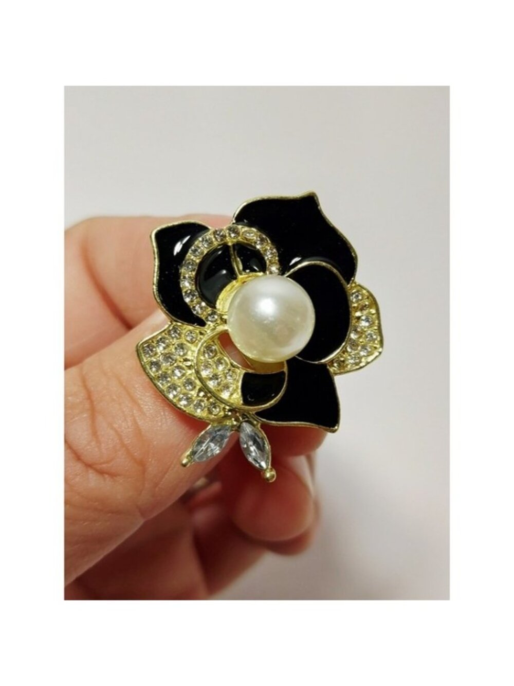 Gold-Tone Black Enamel Flower Brooch with Pearl Center - Picture 2 of 5